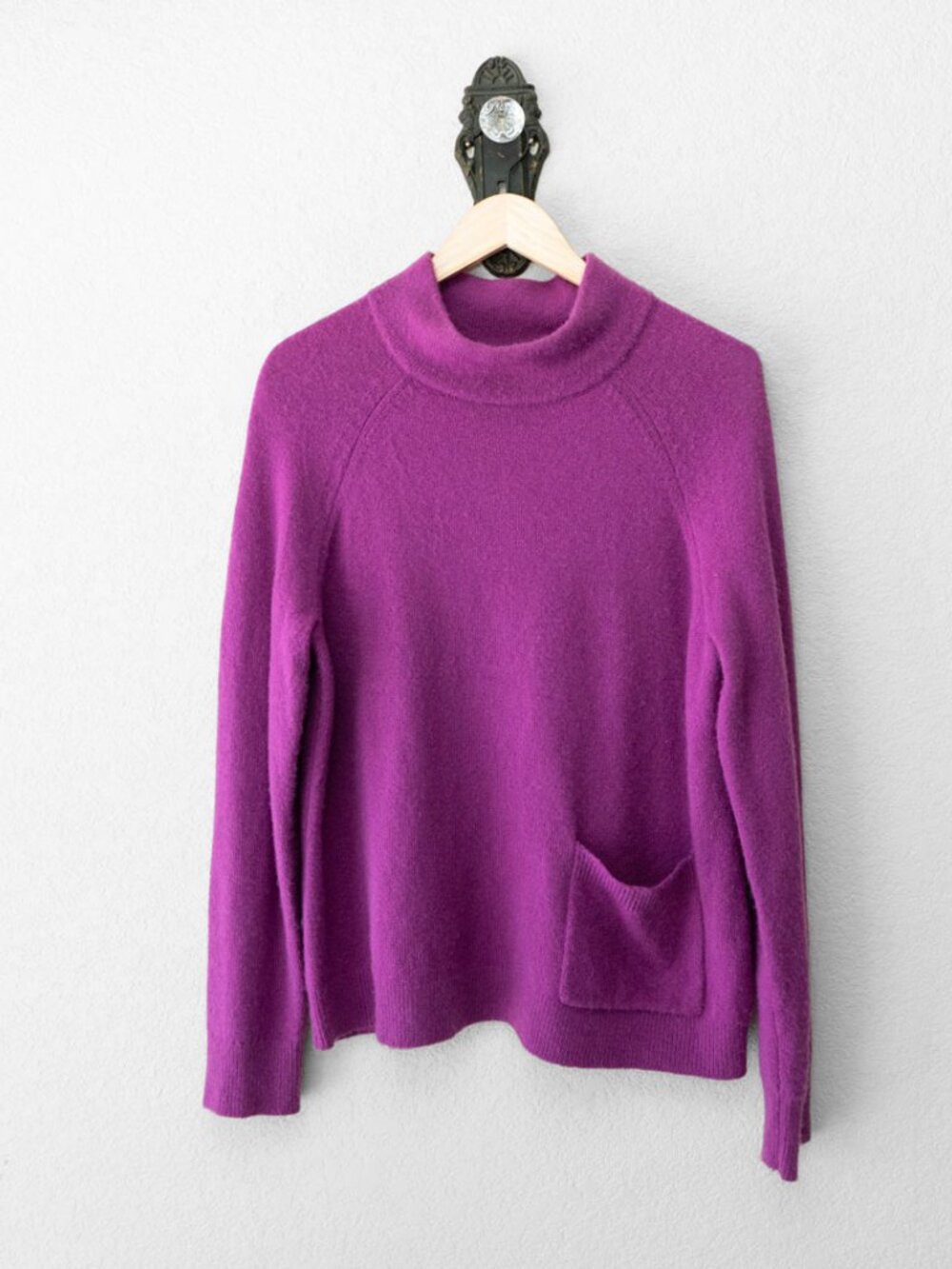 Halogen Sweater Womens M Purple Merino Wool Blend Mock Neck Pocket Pullover